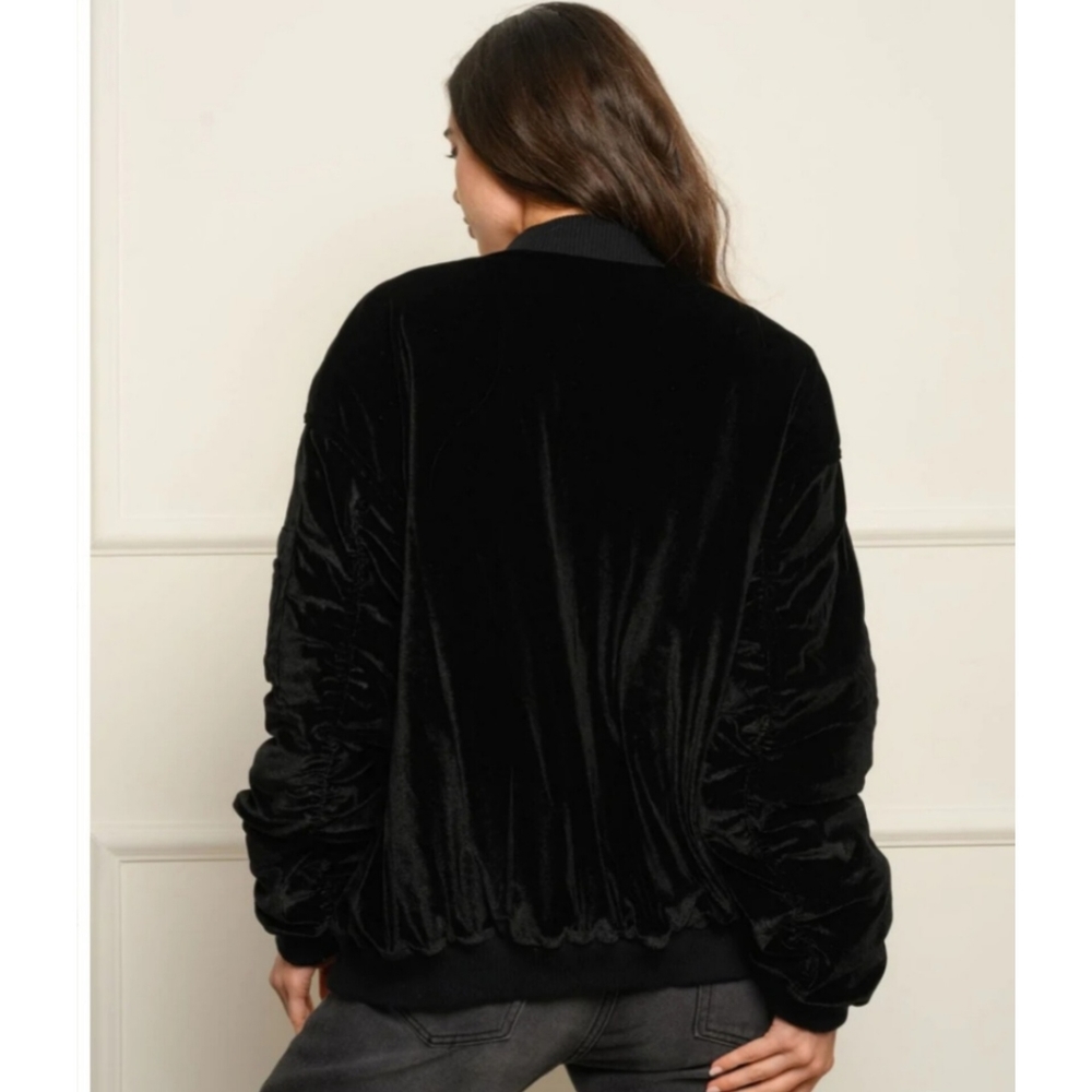 NWT Black Velvet Ruched Sleeve Bomber Jacket - Picture 5 of 13